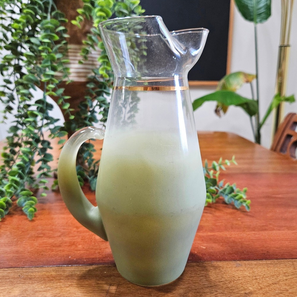 Vintage Green Blendo Glass Pitcher | Gold Band | MCM West Virginia Glass